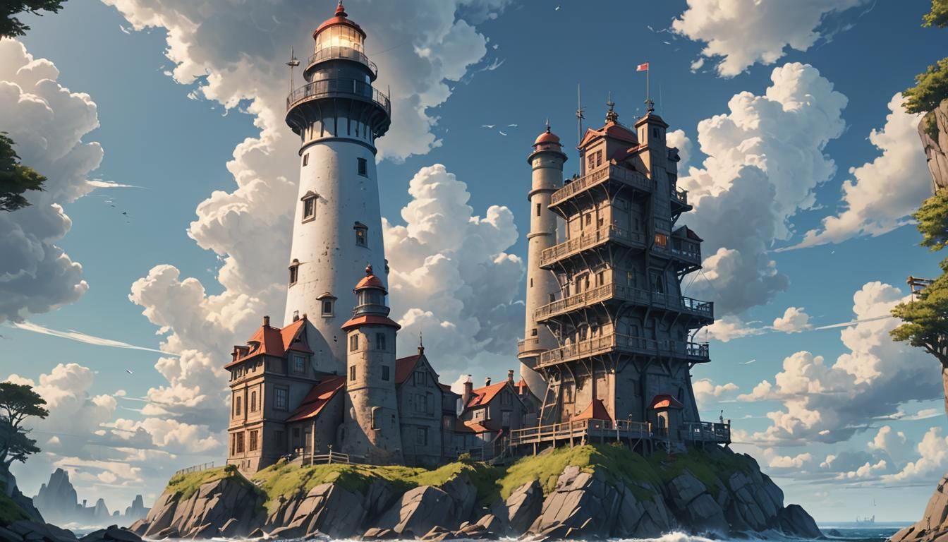 Multiple Massive Lighthouses in 3D Anime Art