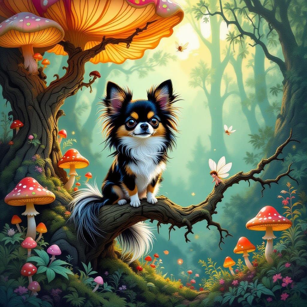 Majestic Feathered Chihuahua on Bioluminescent Tree Branch