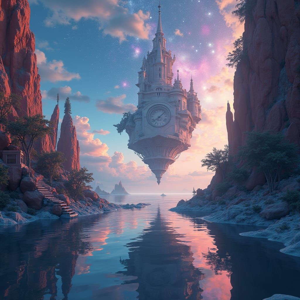 Surreal Cosmic Dreamscape with Floating Islands and Upside-D...