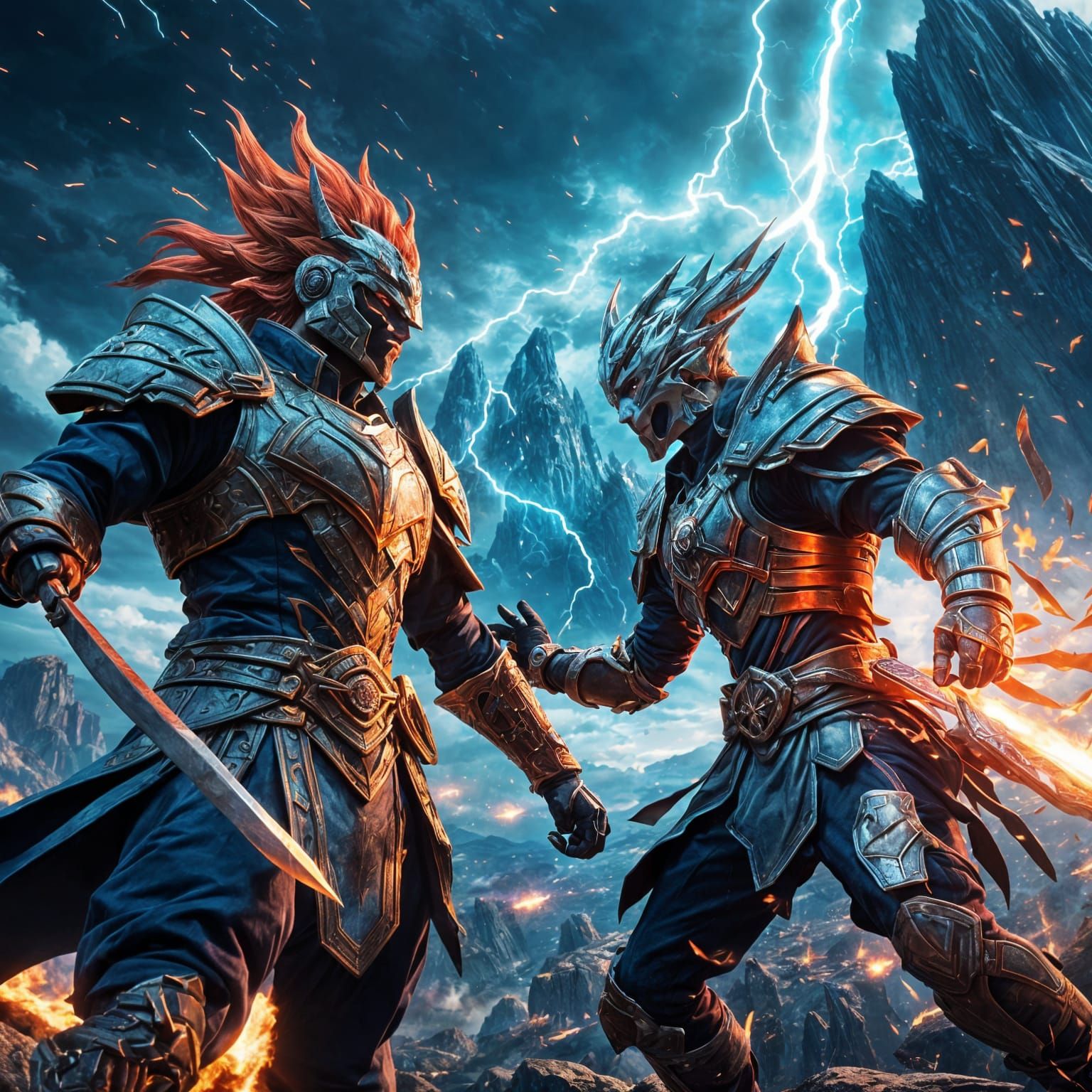 Anime Warriors Clash in Fiery, Lightning Sky