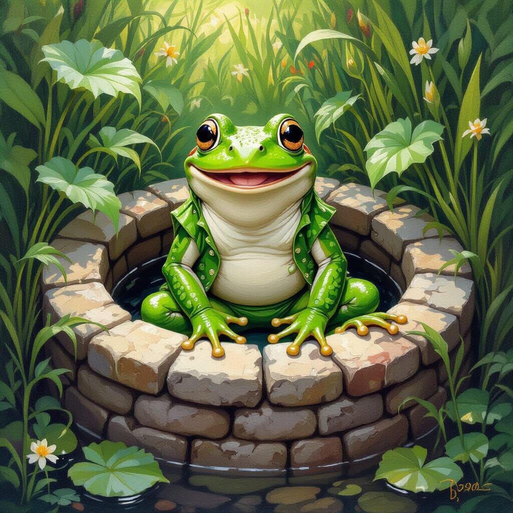 Joyful Frog in a Well, Fantasy Art Style