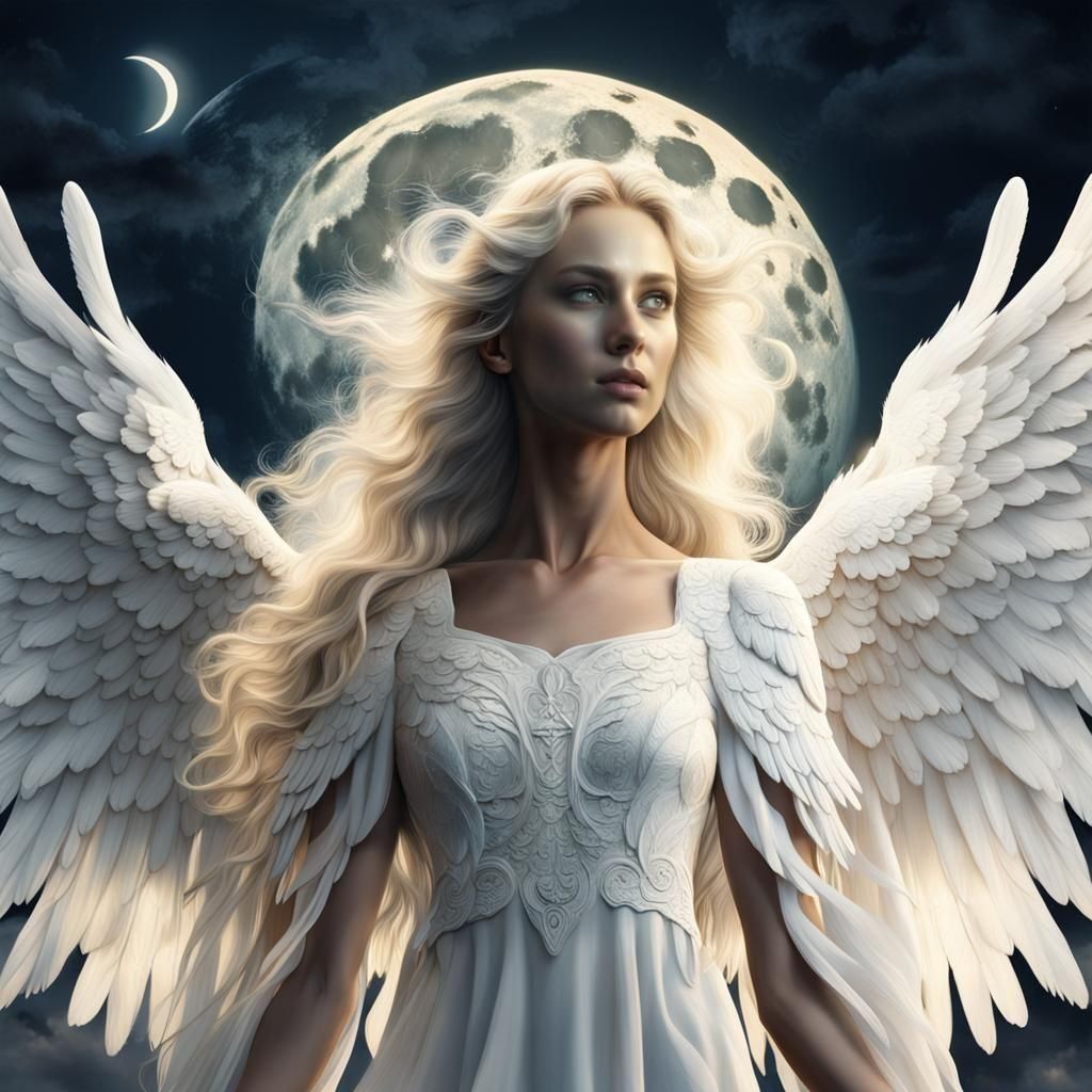 Beautiful Angel with White Wings and Full Moon