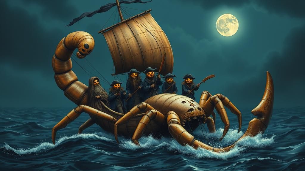 Surreal Scorpion Ship Sailing on a Moonlit Ocean