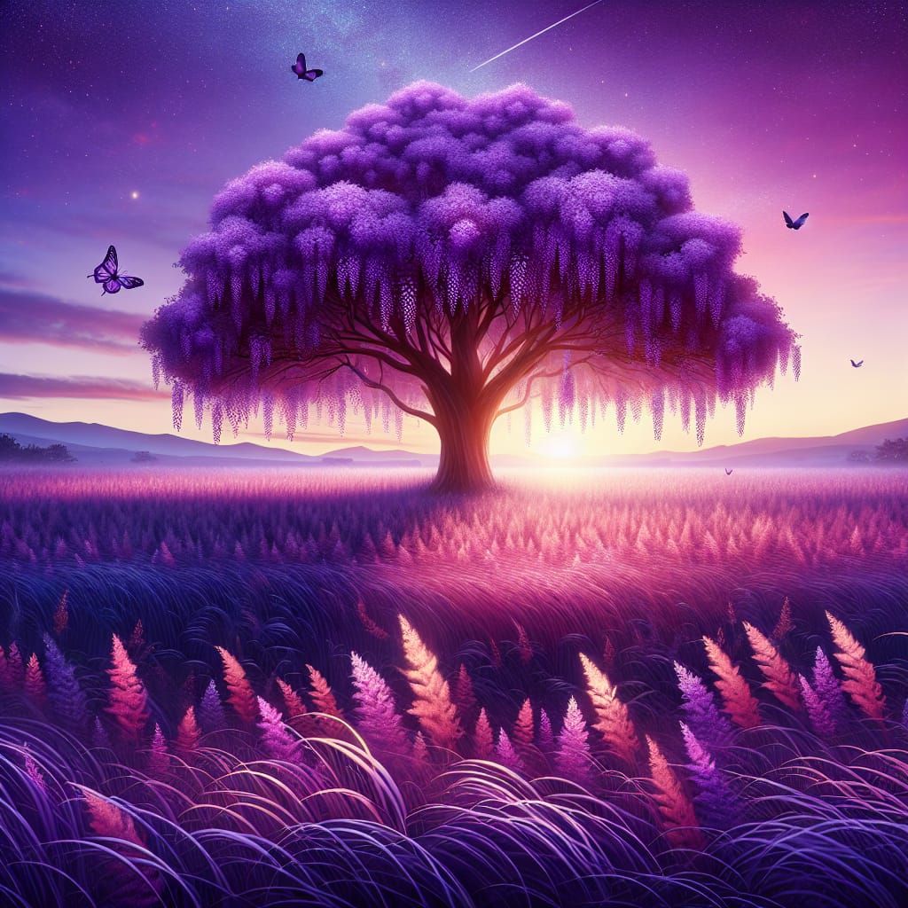 Purple Wisteria Tree at Sunset in Field
