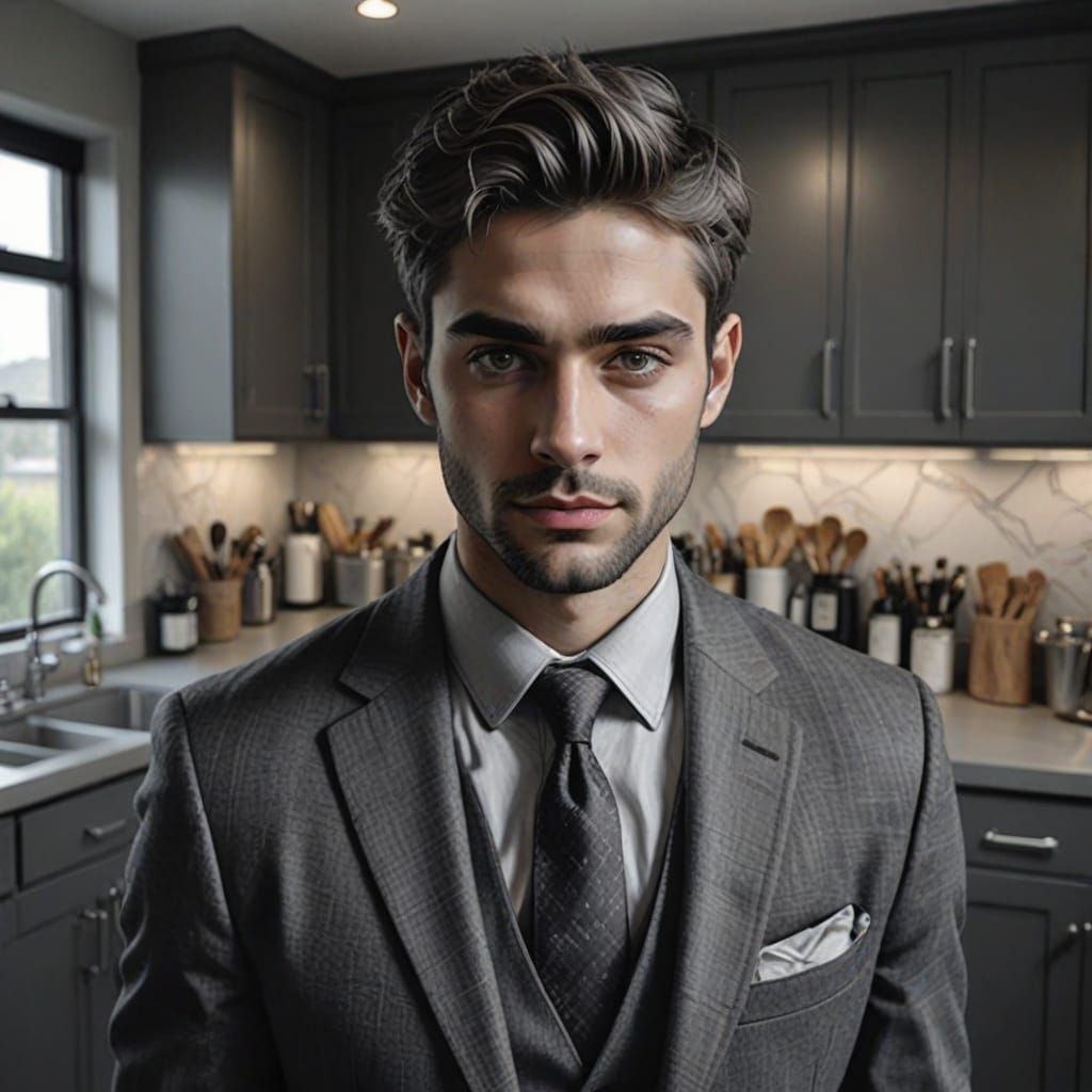 A  man in Kitchen, painted in gray colors.
