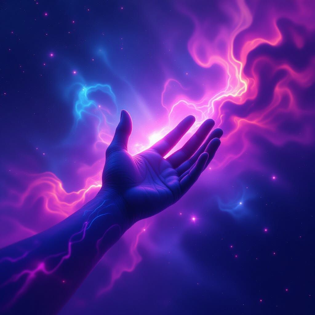 Cosmic Nebula Hand of Trust in Neon Sci-Fi Art