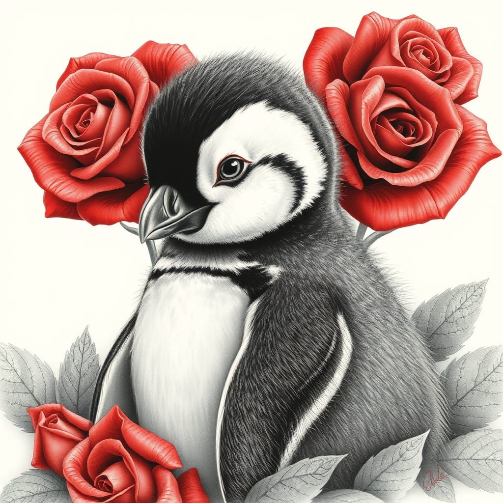 Charcoal Drawing of Baby Penguin Amidst Red Roses