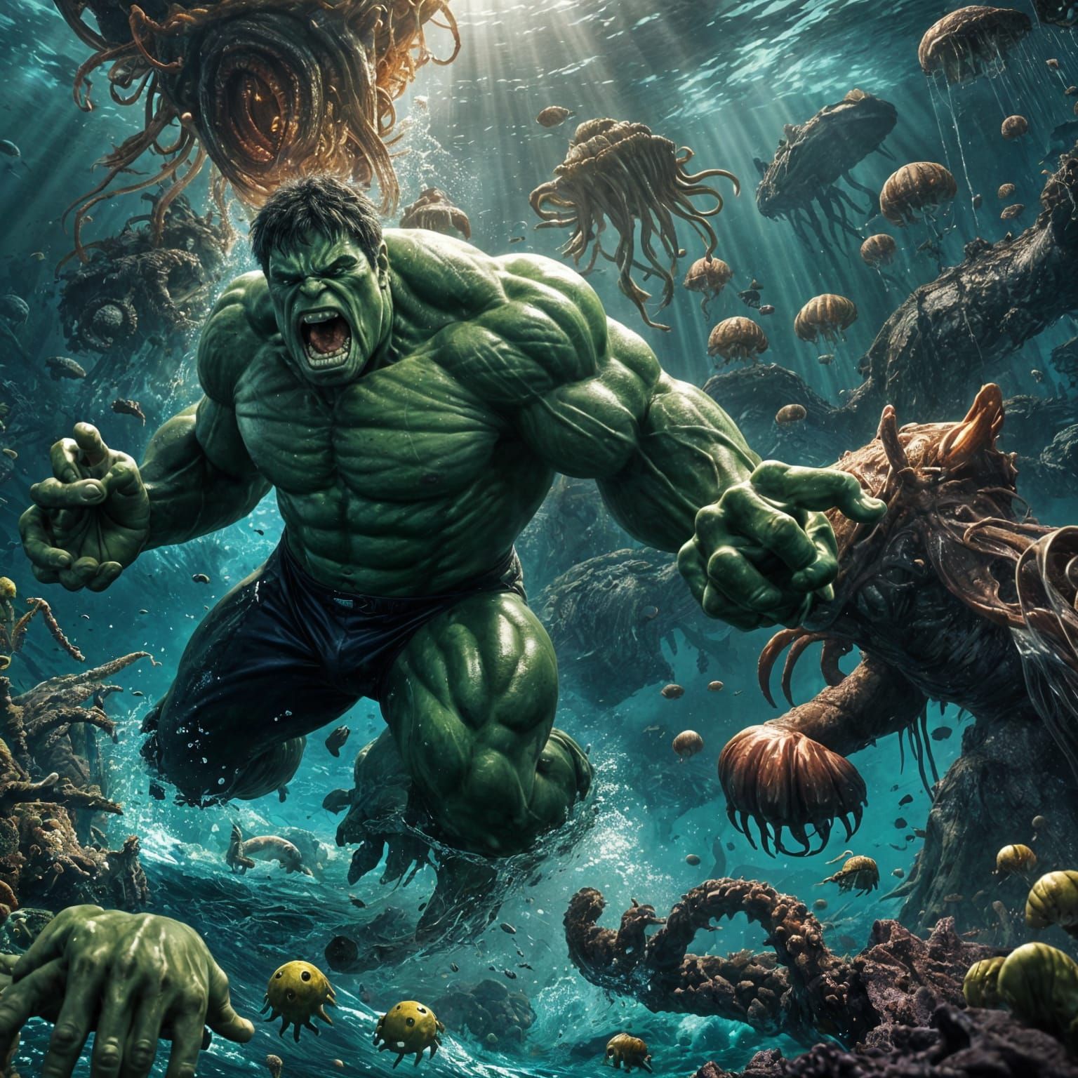 Hulk Battles Sea Monster in Deep Ocean