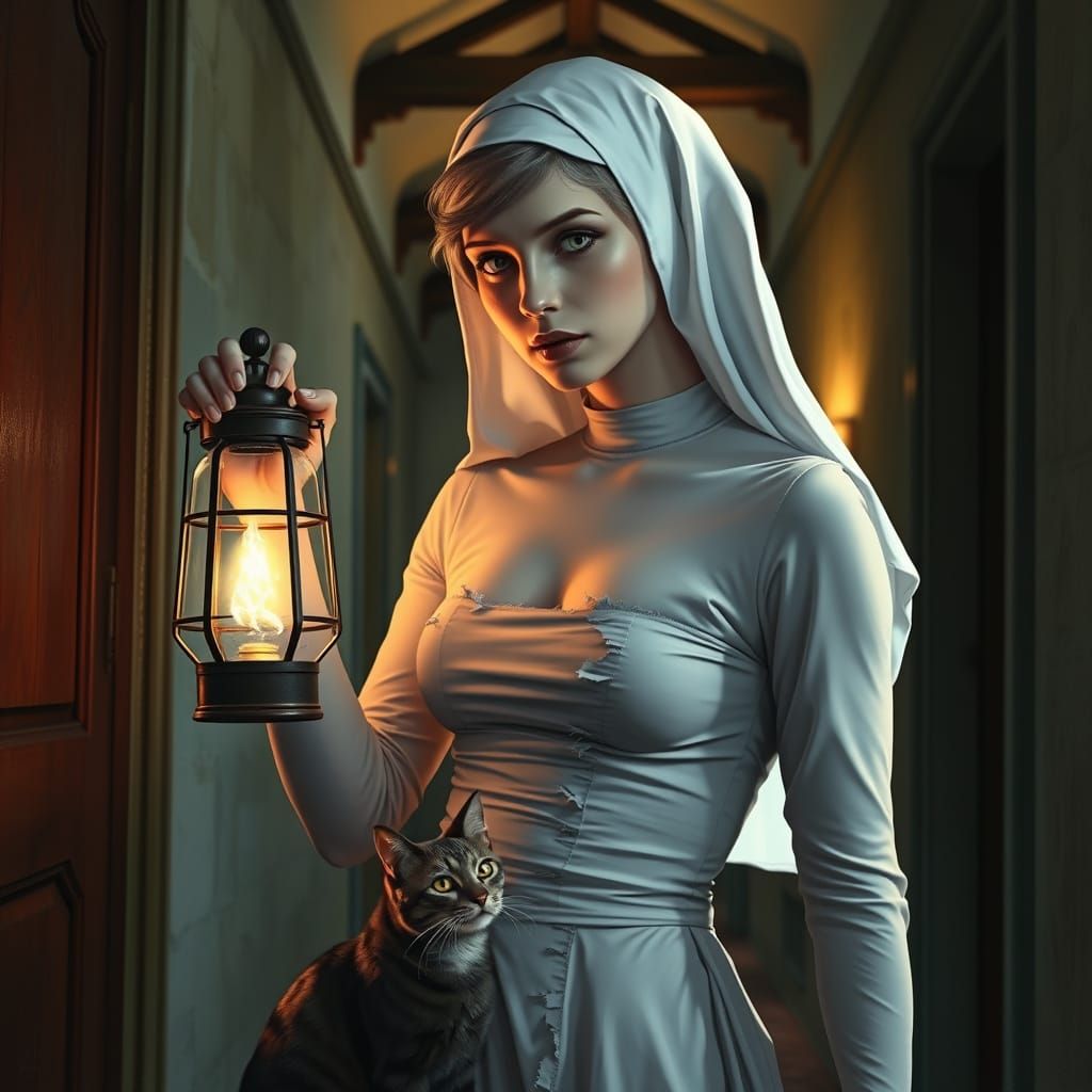 Nun with Lantern and Cat in Haunted Mansion Hall