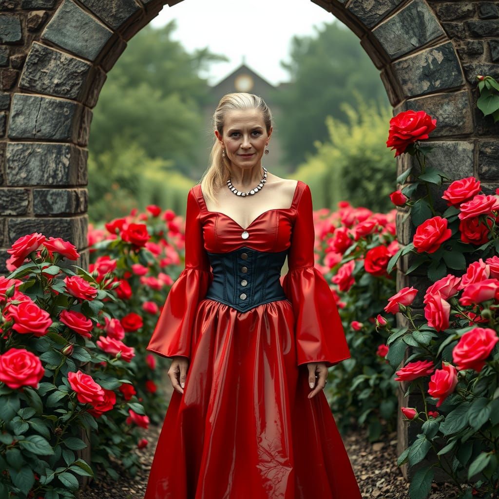 Mature Woman in Red PVC Dress in Lush Garden