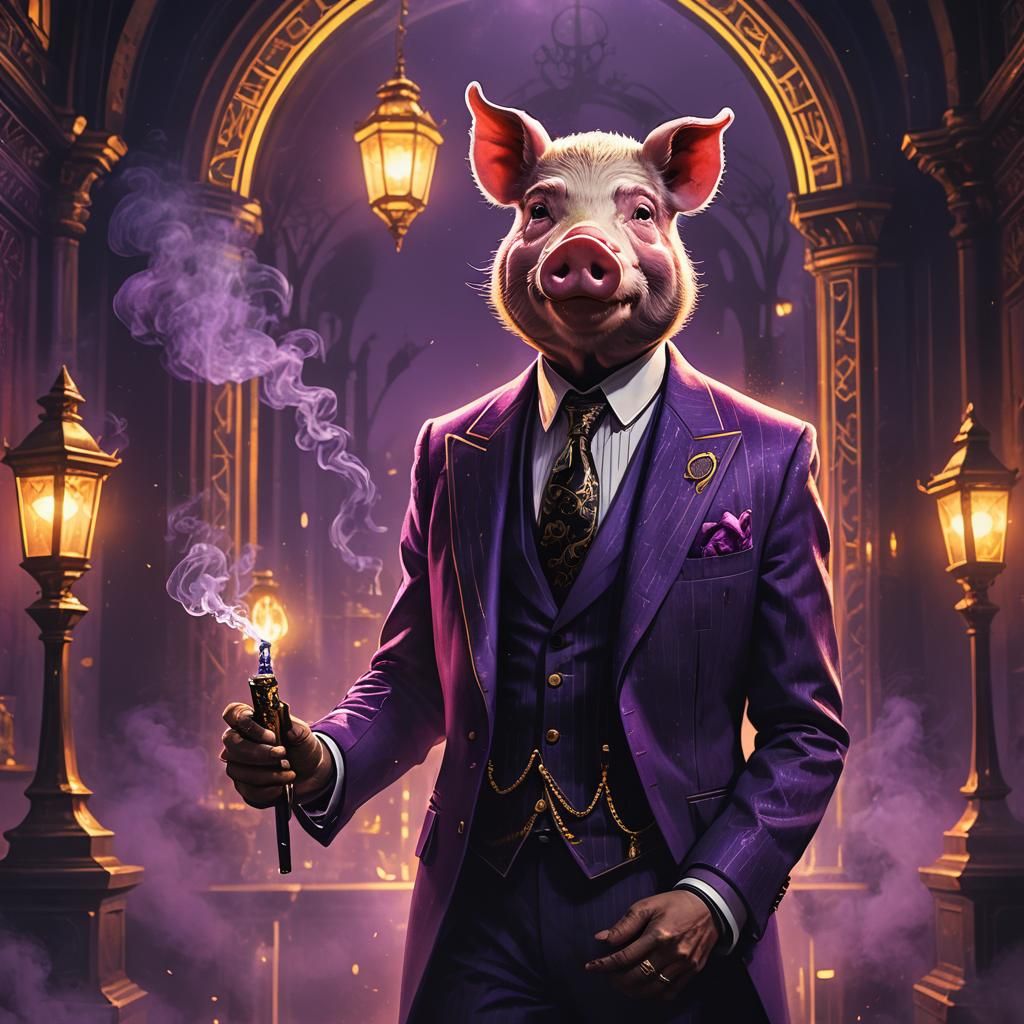 Gangster Pig in Ornate Suit Amidst Neon Mist