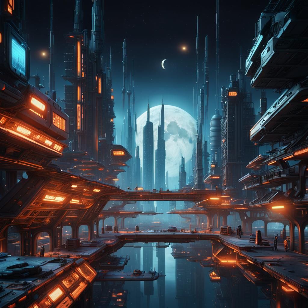 Futuristic Cityscape on the Moon in Dark Fantasy Art