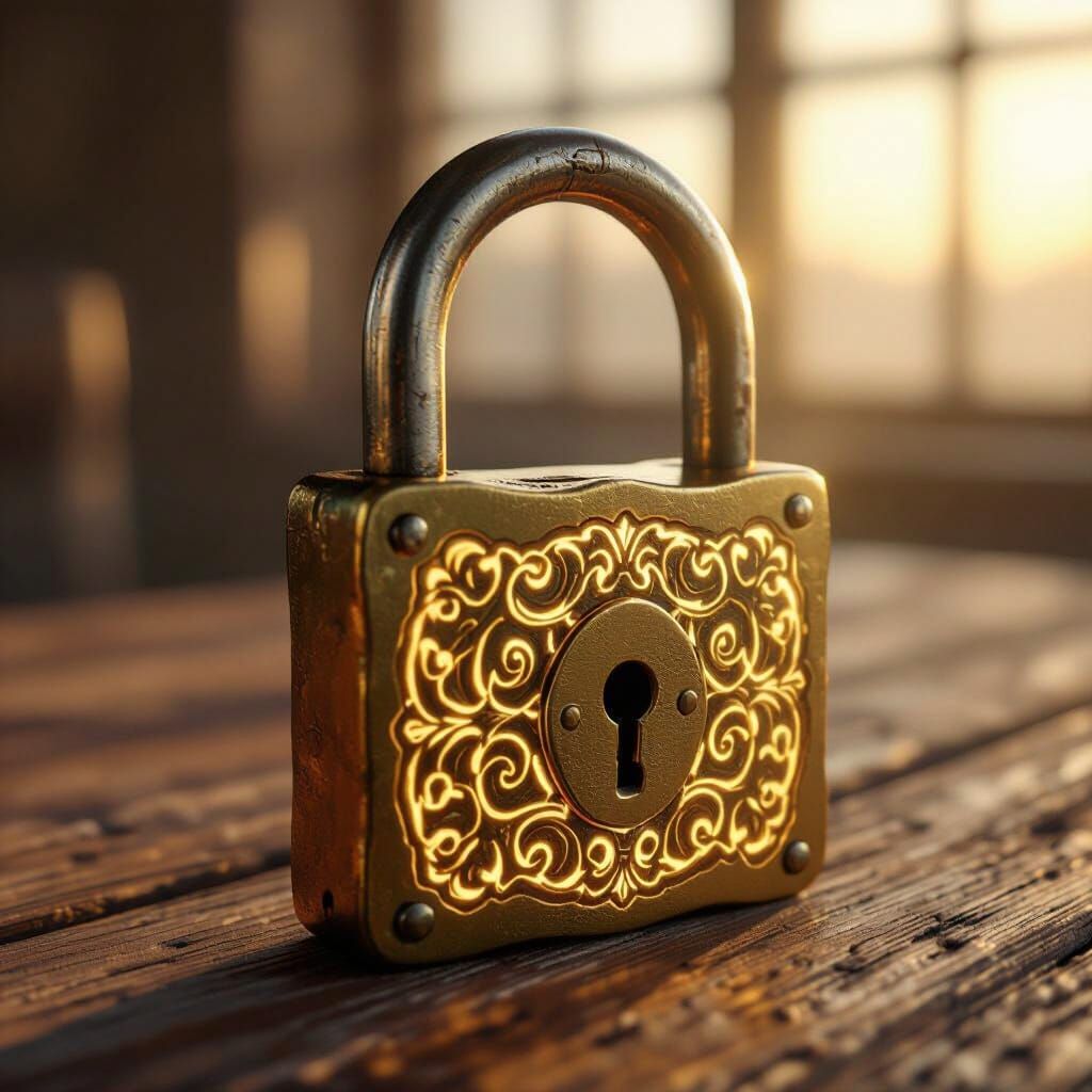 Antique Brass Padlock with Glowing Scrollwork in Morning Lig...