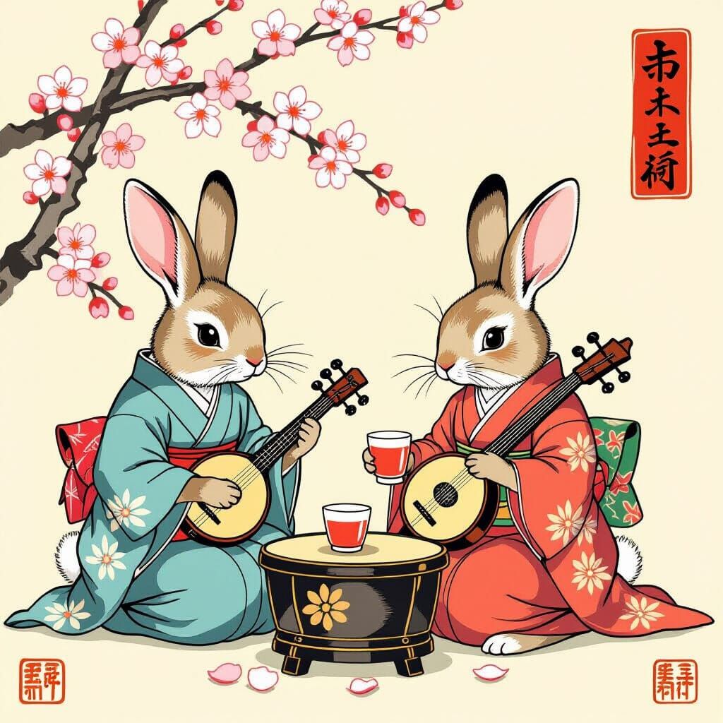 Rabbits in Traditional Japanese Woodblock Print