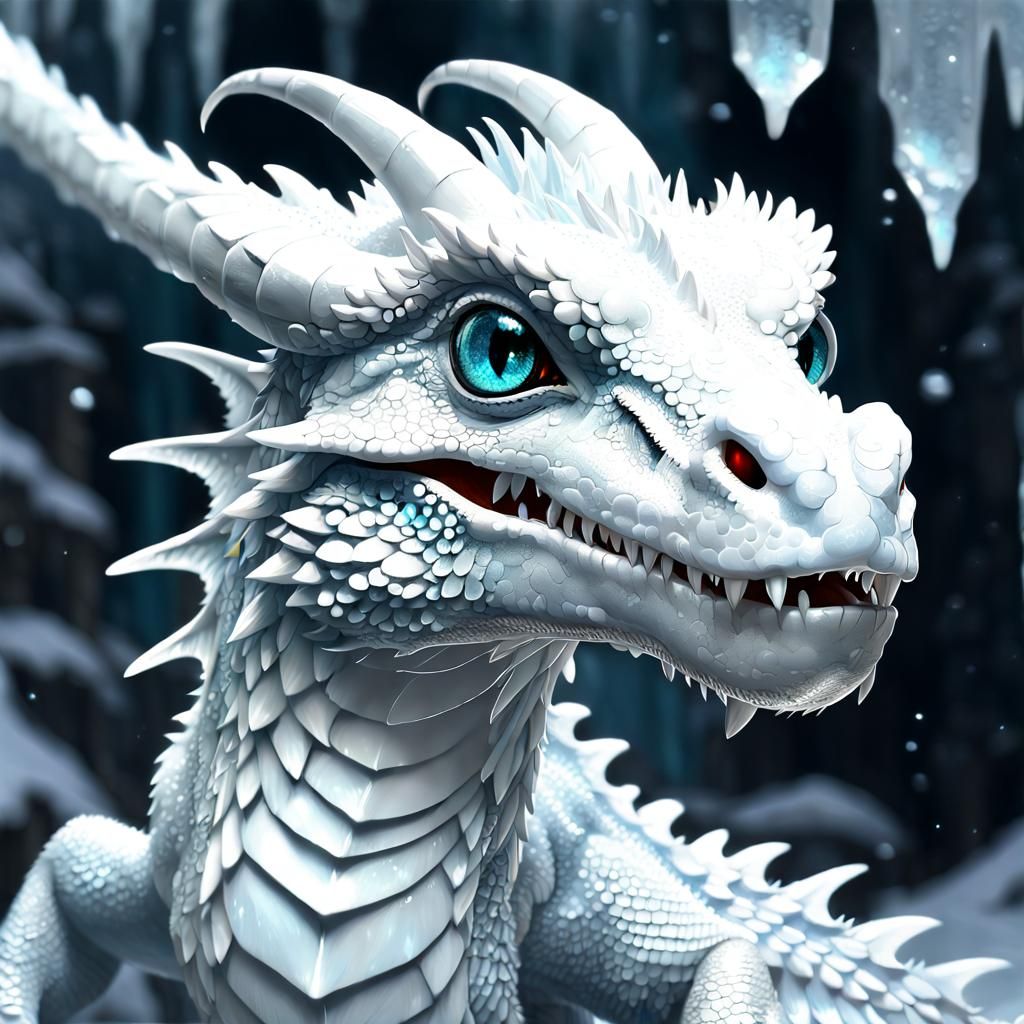 Adorable White Icicle Dragon Portrait in 3D