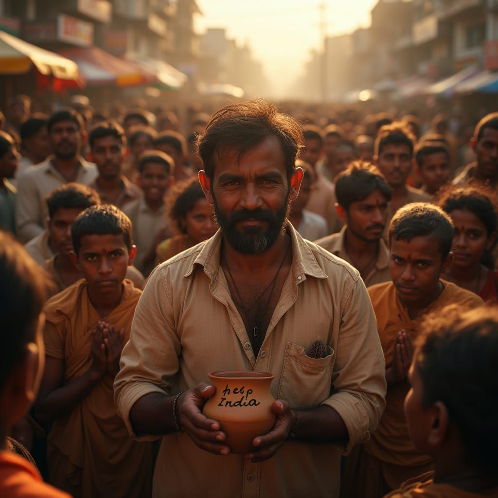 Man Surrounded by Grateful Crowd in Vibrant Indian Streets