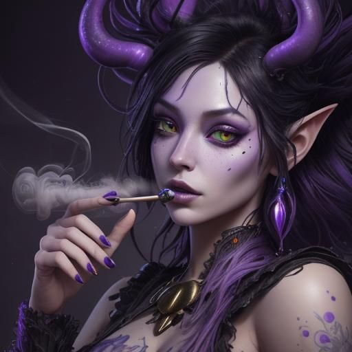Hyperrealistic Alien Woman with Purple Streaks Smoking