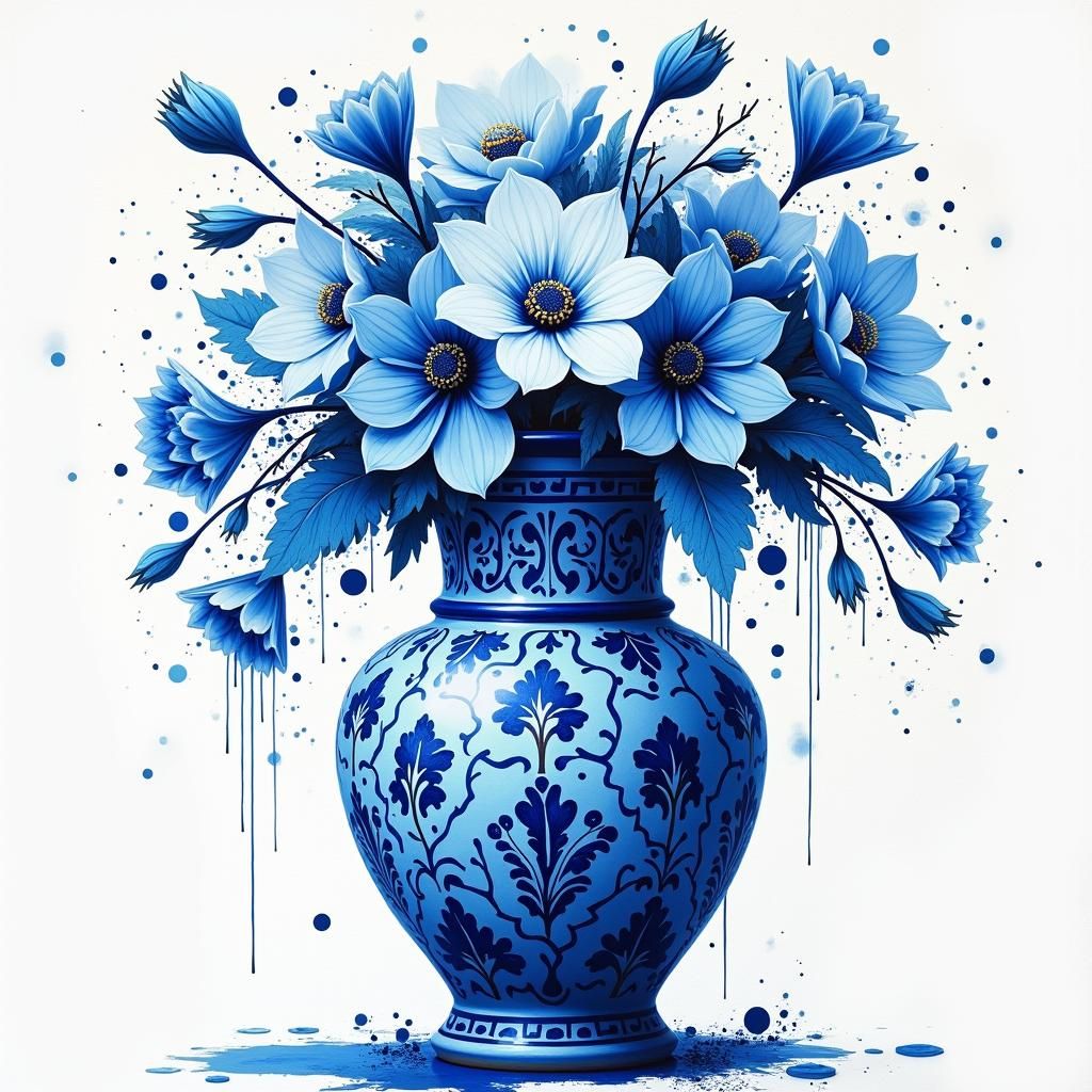 Delft Blue Vase with Graffiti Flowers in Polychromatic Style