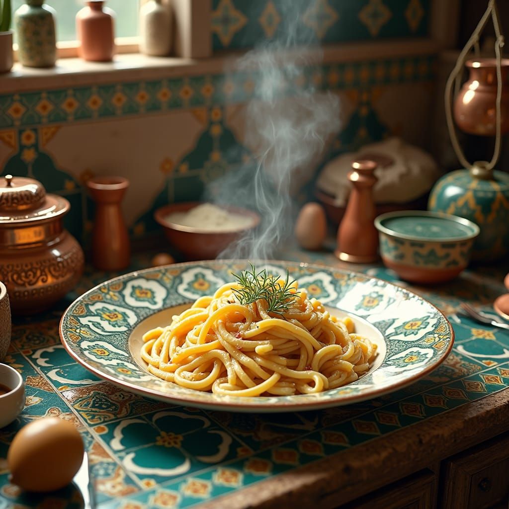 Italian Kitchen Scene with Pasta Carbonara