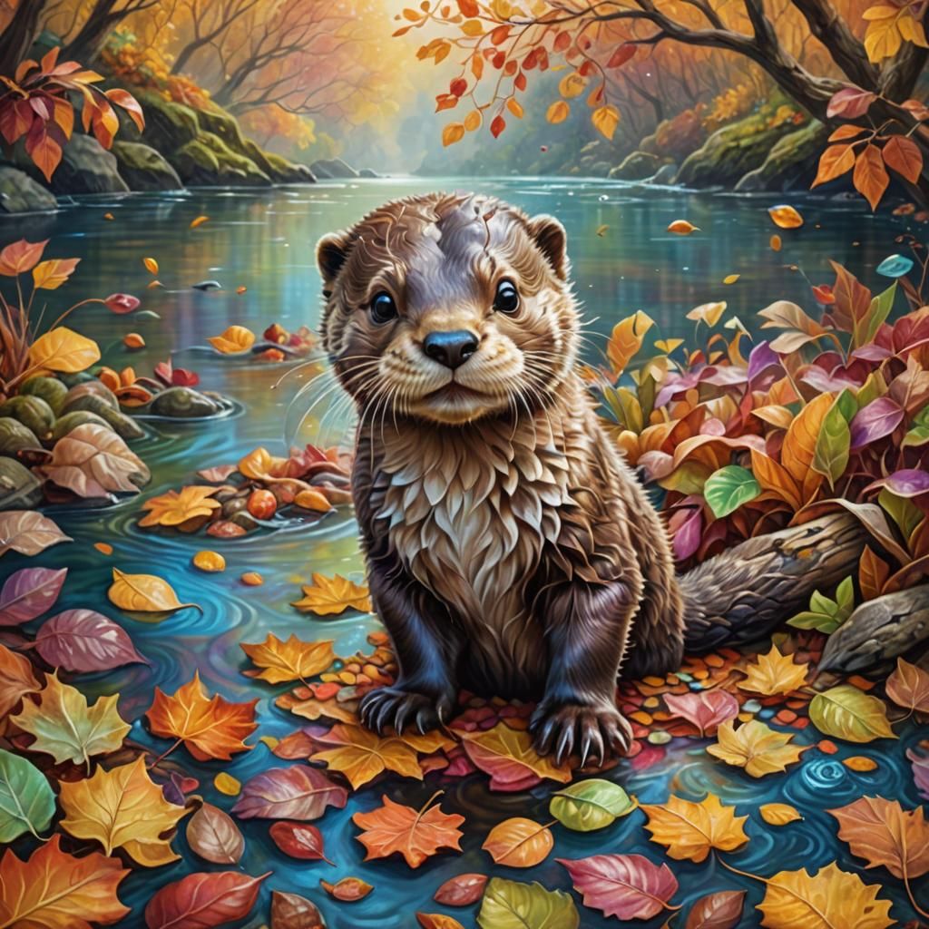 Whimsical Otter Playing in Autumn Leaves Digital Painting