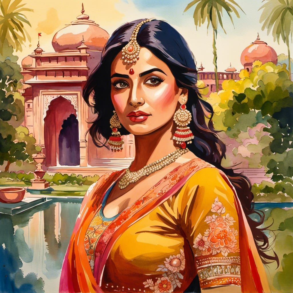 Bollywood Actress in Traditional Indian Setting, Impasto Art