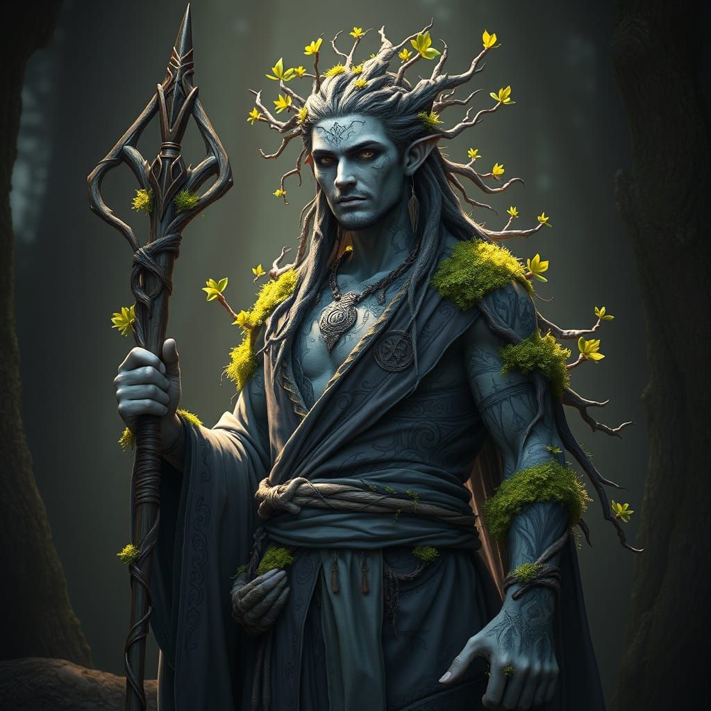 Earth Genasi Druid in Sage Robes with Obsidian Skin and Moss