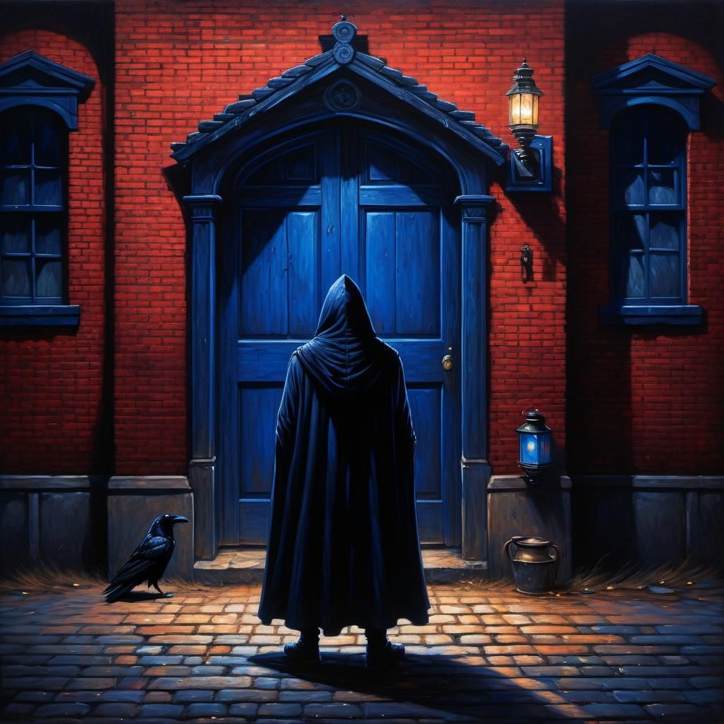 Hooded Figure with Crow Mask in Rainy Street