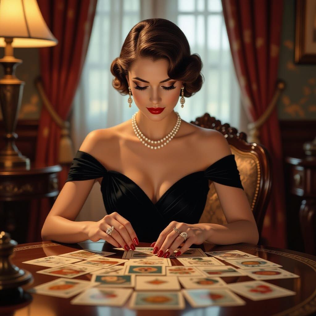 Woman Arranging Vintage Postcards in Hyperrealistic Style