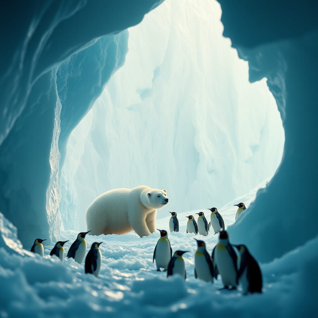 Epic Polar Bear and Penguins on Glacial Ice