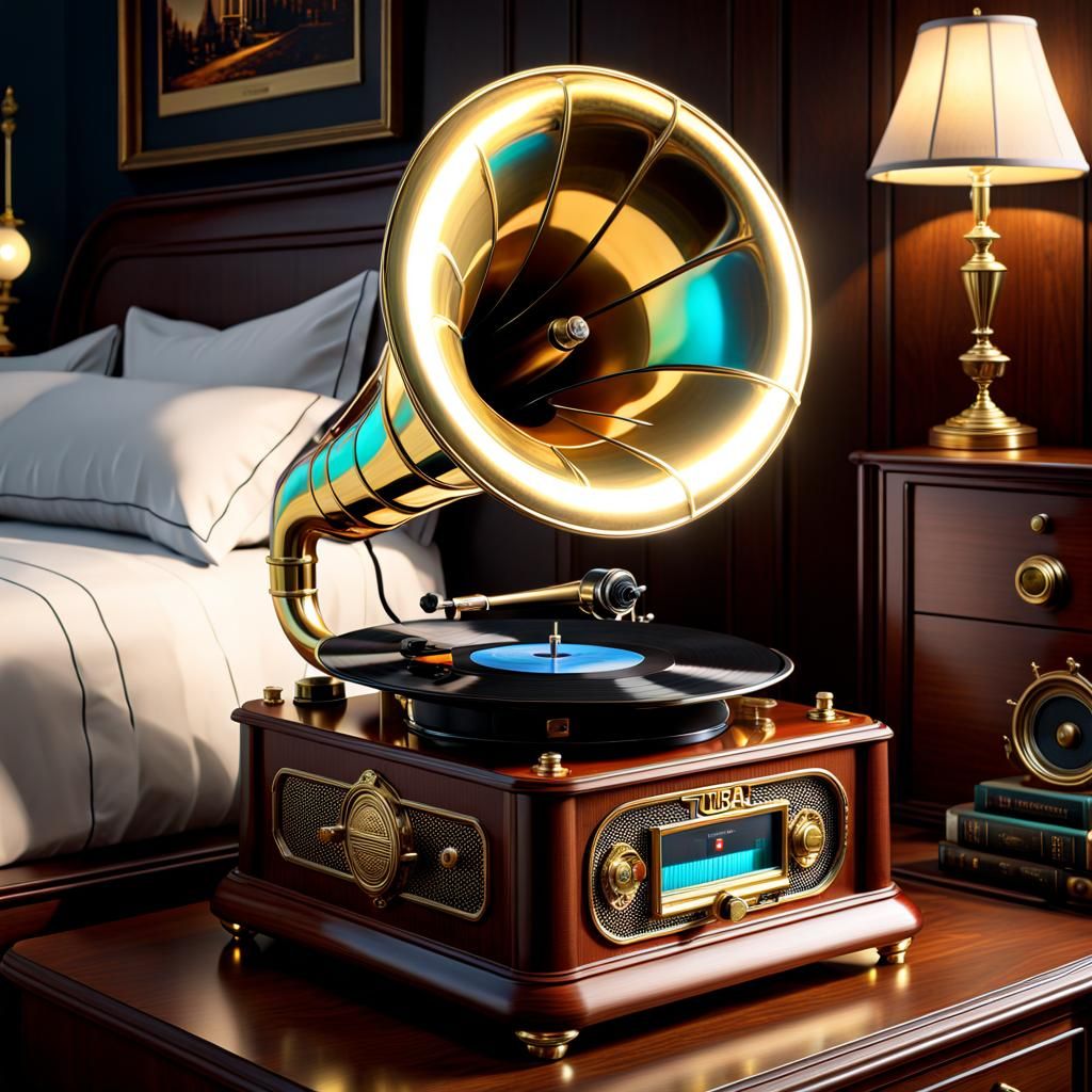 Vintage Tuba Record Player in Classic Bedroom