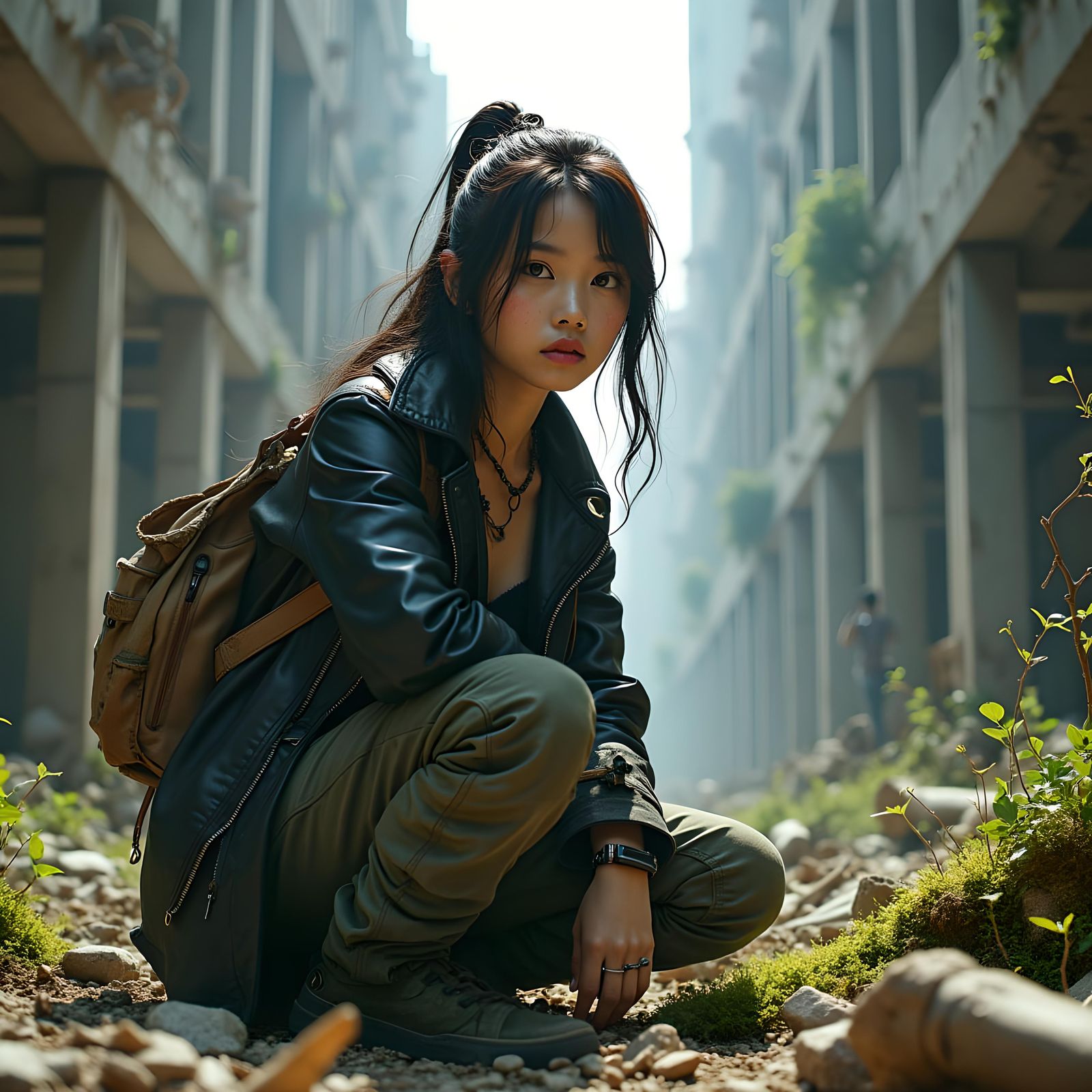 Cyborg Woman in Post-Apocalyptic City Ruins