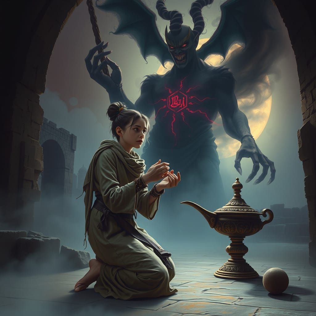 Ghostly Djinn Emerges in Moonlit Ruins