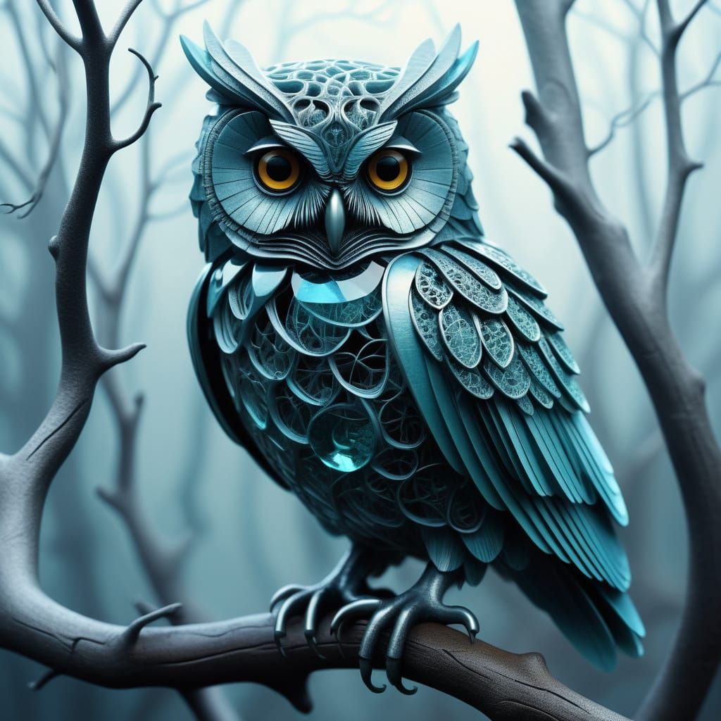 Aquamarine Owl on Branch in Biomechanical Style