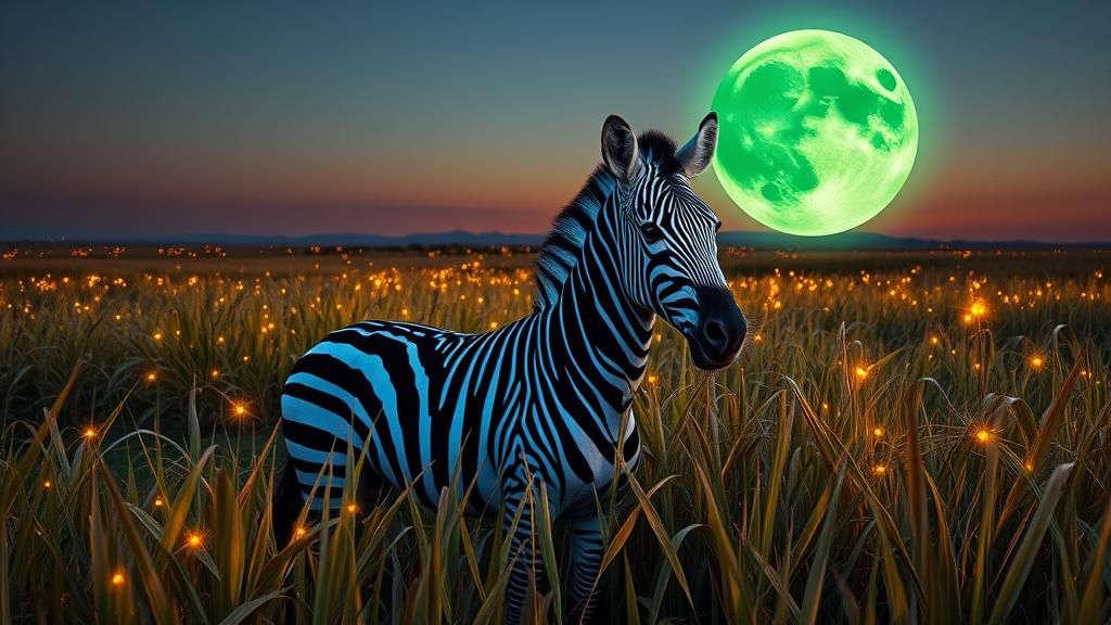 Blue Striped Zebra in Mystical Moonlit Landscape