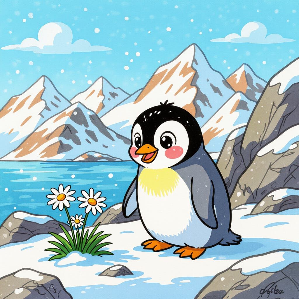 Penguin's Mountain Discovery: A Cheerful 2D Cartoon