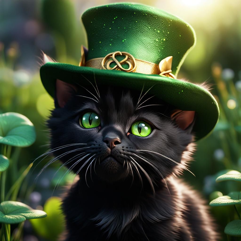 Baby Black Cat in Leprechaun Hat: Claymation Style