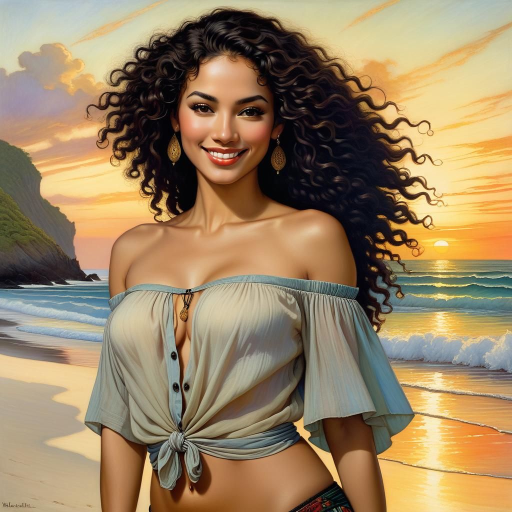 Latina Beauty on Tropical Beach in Art Nouveau Style