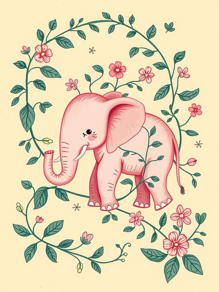 Charming Art Nouveau Pink Elephant in Floral Pattern