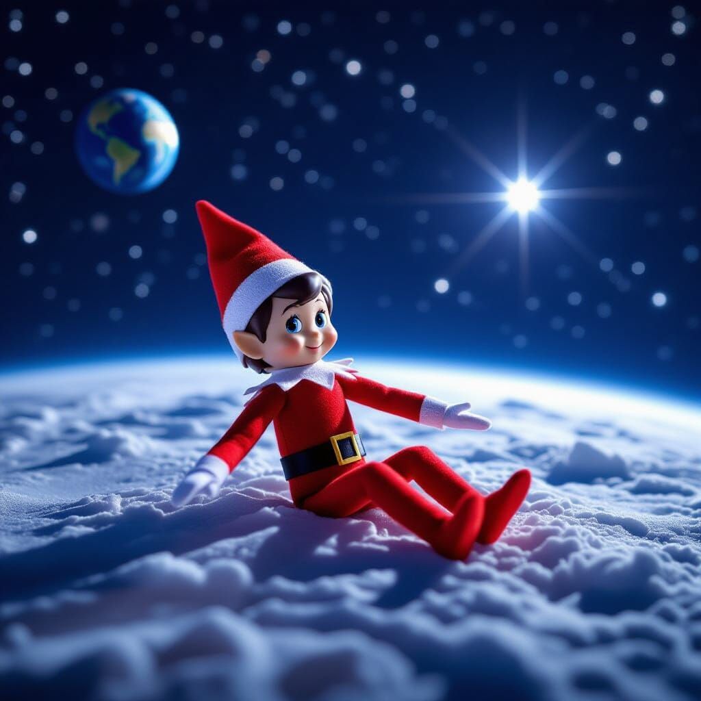 Elf on the Shelf Toy Floating in Outer Space