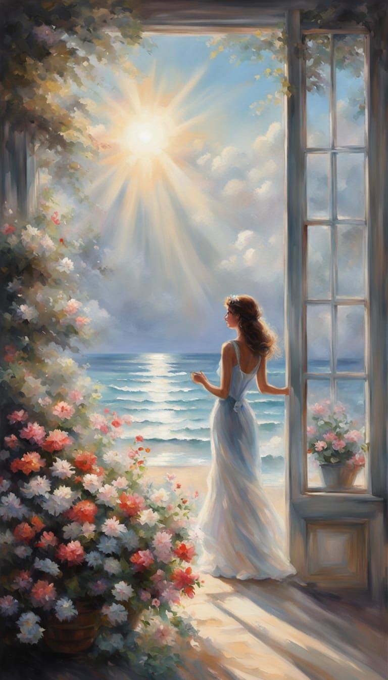 Beachy Summer Fine Art Painting with Flowers