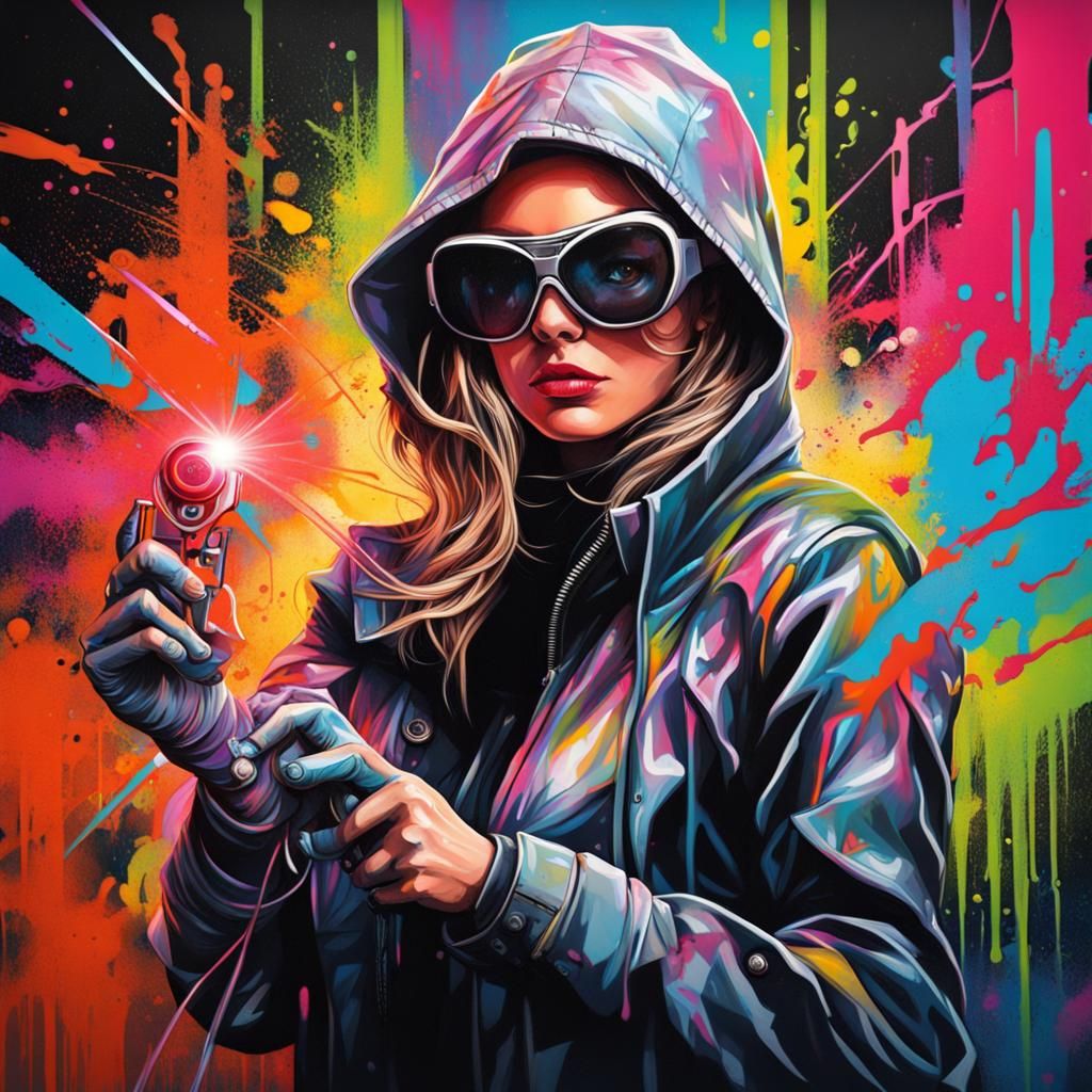 Female Spy in Laser Grid: Graffiti Art Style
