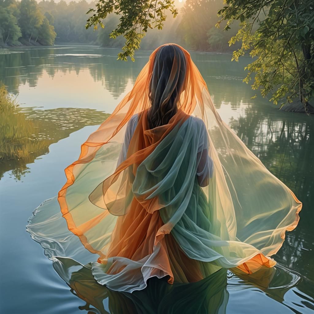 Orange and White Veil Floating Over Lake at Dawn