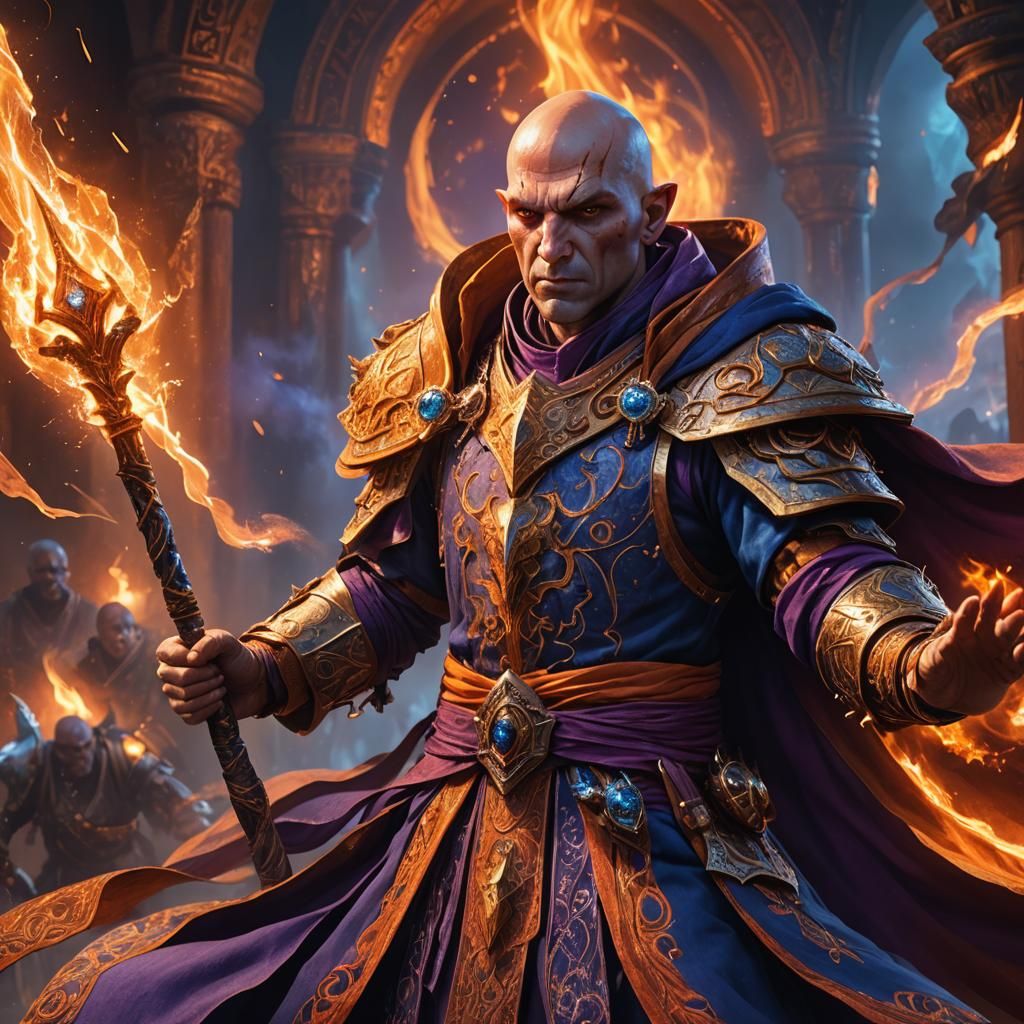 Bald Warhammer Battle Mage in Firelight