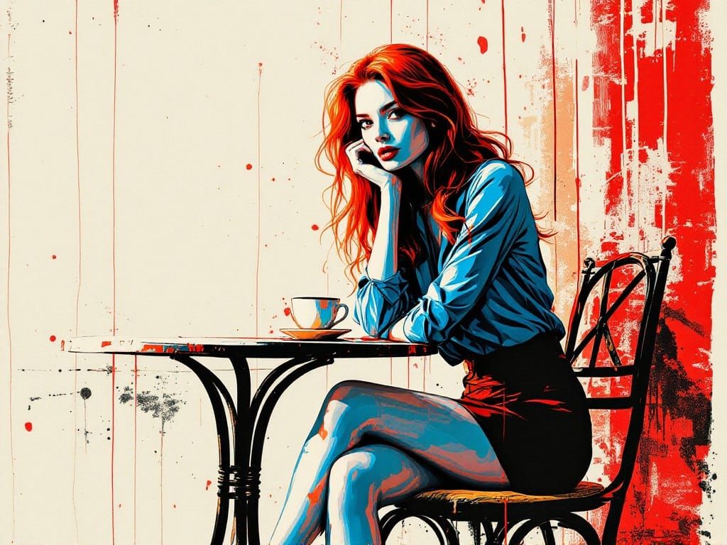 Graphic Surrealism - Fashionable Woman in Café