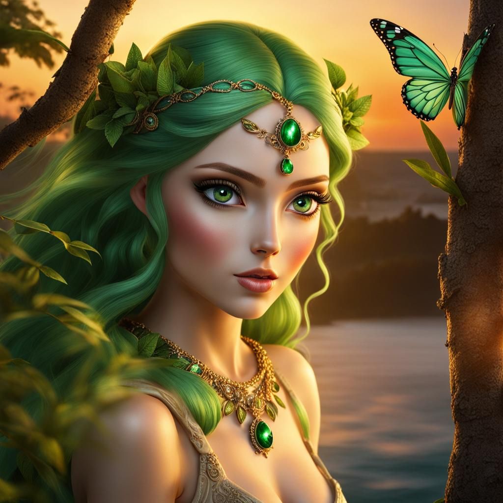 Green-Eyed Fairy at Ocean Sunset