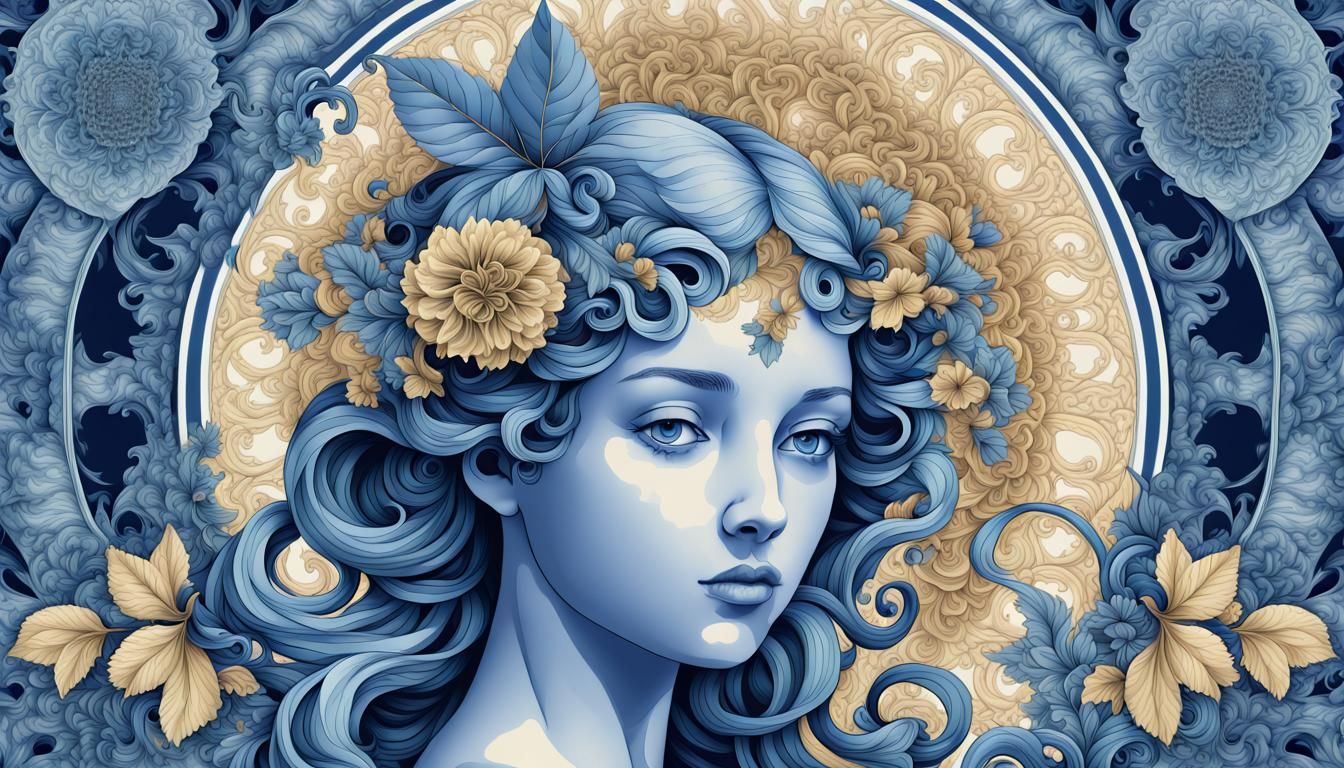 Delft Blue Nymph with Fractal and Pixel Art