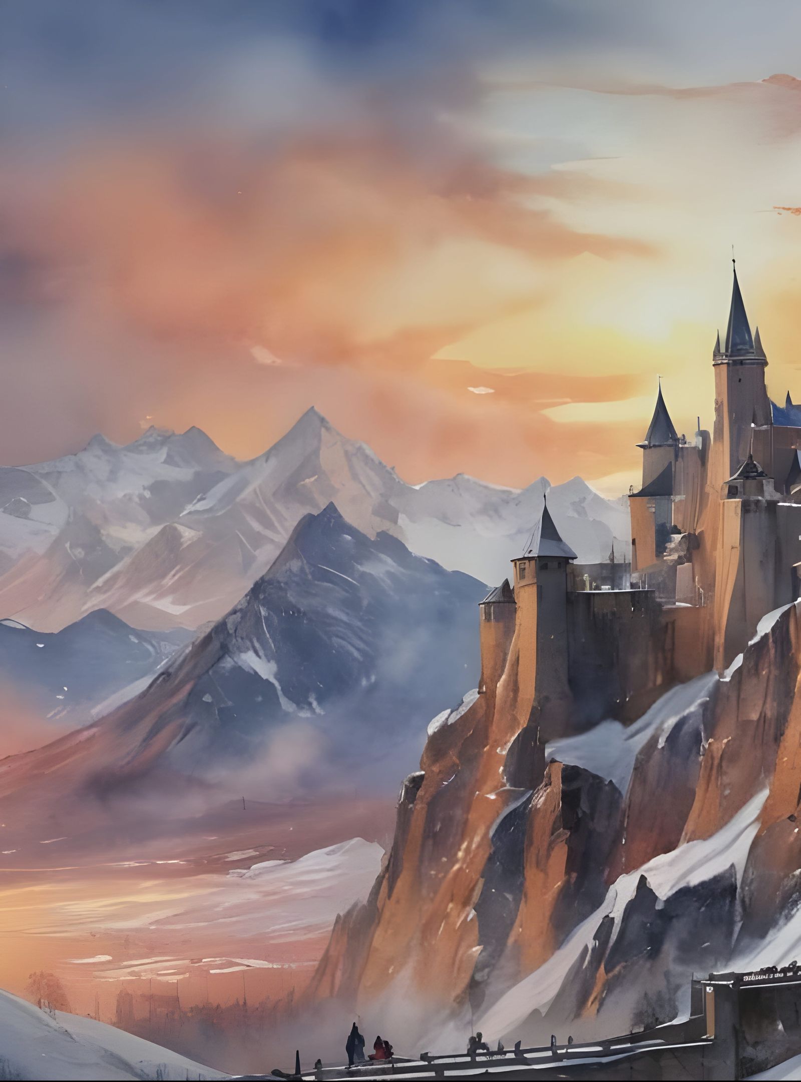 Snowy Mountain Fortress at Sunset: Watercolor Art