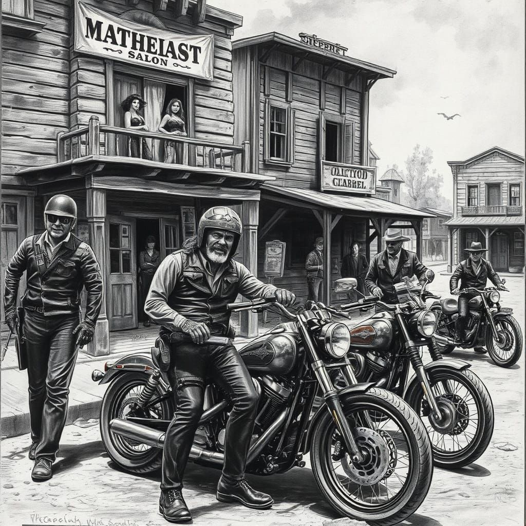 Biker Gang in a Gritty Old Western Town, Charcoal Drawing
