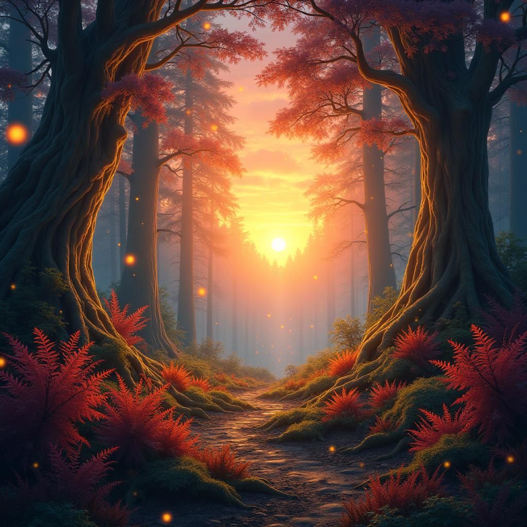 Enchanted Forest Sunset with Fireflies: Matte Painting