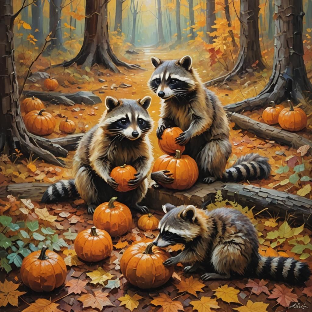 Raccoon Family Feast: Neo-Impressionist Oil Painting